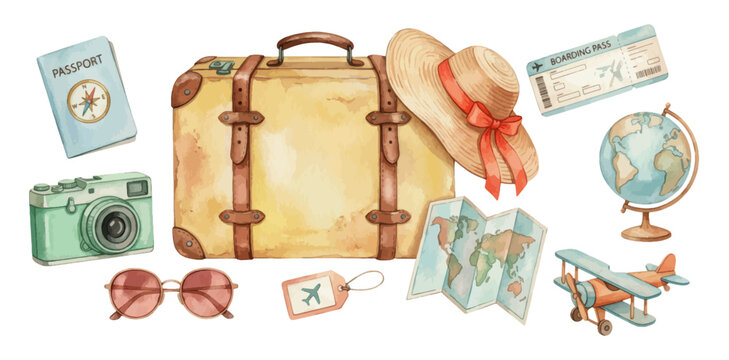 Watercolor travel items vintage suitcase map camera