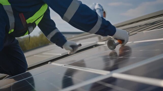 Solar panel installation technician securing modules worker in safety gear mounting renewable energy system sustainable energy for the future