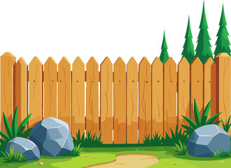 Wooden garden fence with red tulips and green grass, charming spring backyard landscape illustration