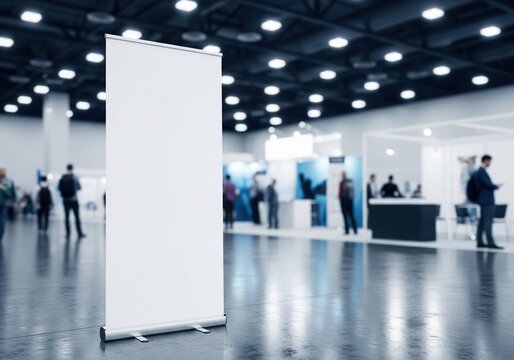 Blank white roll up banner stand in a modern exhibition hall with blurred people