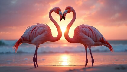 Fototapeta premium Two pink flamingos stand on beach forming heart shape with necks at sunset. Birds balance gracefully near ocean water. Romantic wildlife scene, pair on coast.