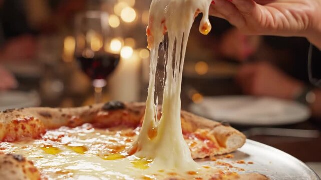 Hand with red nails taking a cheesy pizza slice at restaurant