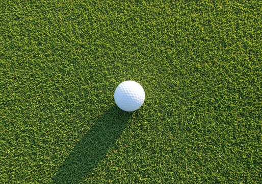 Overhead view of a single white golf ball on a green golf course lawn