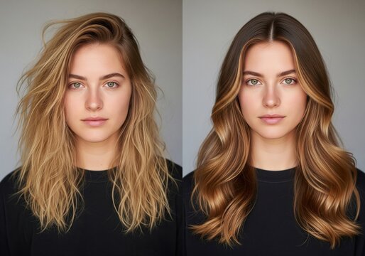 Woman with messy blonde hair transformed into smooth, wavy brown hair with highlights