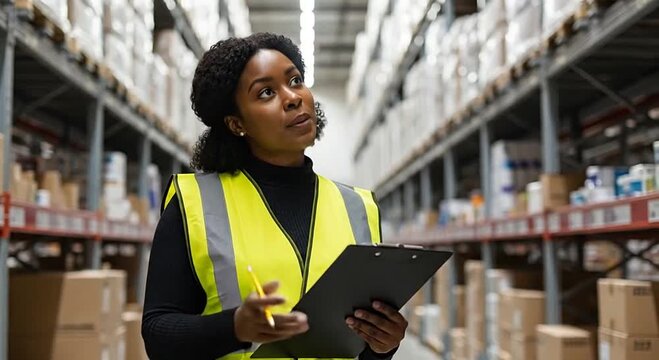 Smiling Black female warehouse worker in hi-vis vest checking inventory on clipboard
