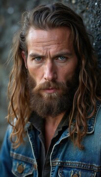 Man with long hair and beard wears denim jacket. Blue eyes stare forward with intense expression. Rugged style evokes modern viking warrior spirit and primal nature.