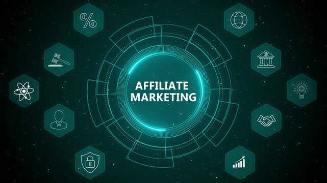 Affiliate Marketing Online Revenue Concept with Digital Business Network and Futuristic Technology Visualization 4K black background visuals
