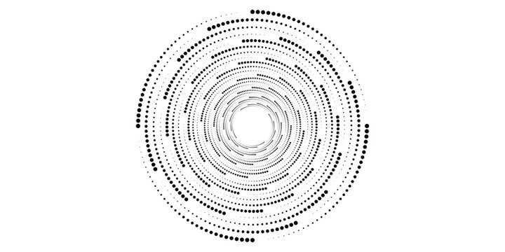 Vector dotted speed lines in vortex form. Geometric art. Segmented circle. Arc lines. Trendy design element for frame, round logo, sign, symbol, web, prints, posters, template, pattern, backdrop