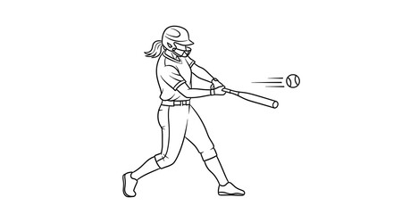 Black and white illustration of a softball player swinging a bat to hit the ball. The figure is in mid-swing