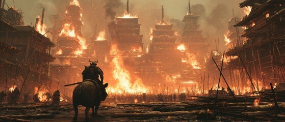 Warrior on horseback amidst burning structures illustration conceptual design