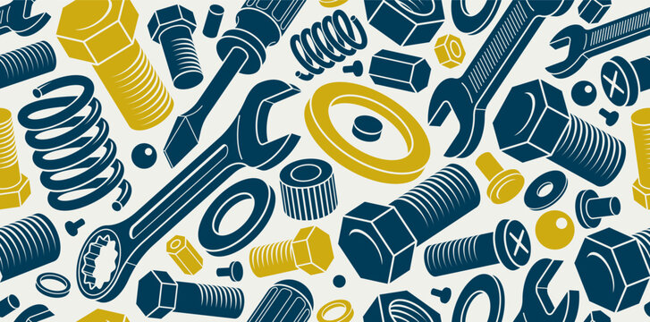 Repair and maintenance seamless background, vector mechanical fix service theme endless wallpaper, bolts and wrenches tiling pattern, elements can be used separately.