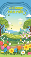 Obraz premium Welcome March spring landscape with flowers, trees, and sunny sky illustration