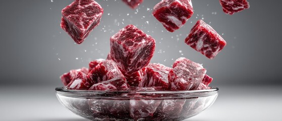 Raw beef cubes falling into a glass bowl against a neutral background