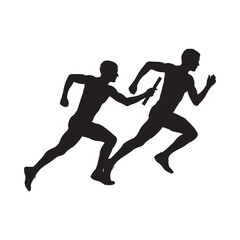 Silhouettes of two athletes in a relay race passing the baton