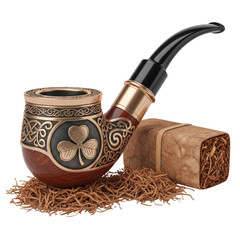 A brown pipe with gold designs next to a log and tobacco