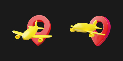 3D vector illustration of a yellow airplane flying through a red location marker. Concept for travel, flight routes, navigation, tourism, logistics, and destination tracking.Modern glossy style. © Ekaterina Us.