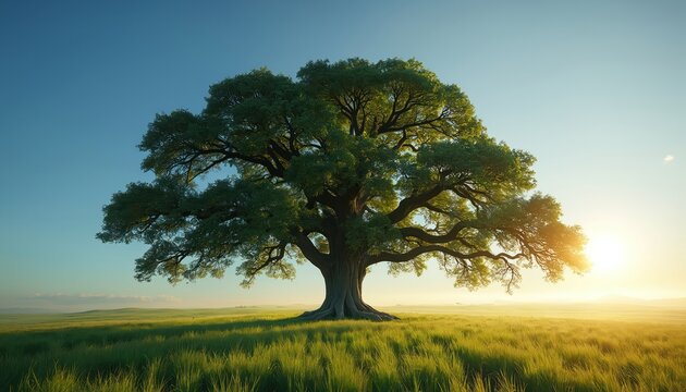 Giant old oak tree stands in sunny green field. Wide branches spread over grass under clear blue sky. Tree trunk is thick and ancient. A large natural landmark.