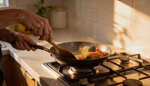 Cooking vegetables in pan sunlight overhead kitchen interior