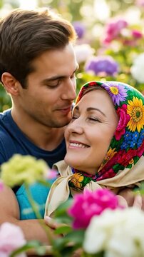 Happy adult son embracing his senior mother in a traditional headscarf outdoors in a flower field