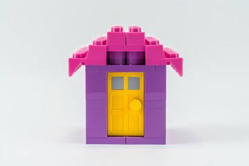 Fototapeta premium Simple pink and purple LEGO house with yellow door on white background, professional photography with space for text