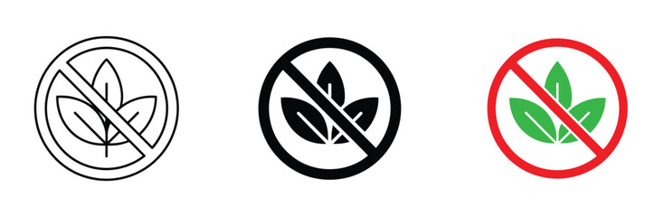 Prohibited leaf icon vector. Symbol for tobacco free area, no plants allowed, non-botanical ingredients, and environmental restriction. Vector Illustration.