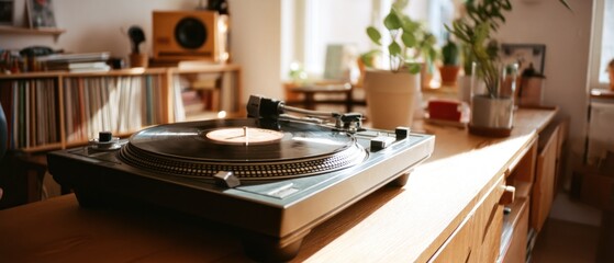 Turntable playing vinyl record on wooden surface with sunlight