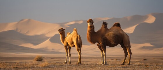 Two camels stand in a desert landscape with rolling sand dunes under sunlight