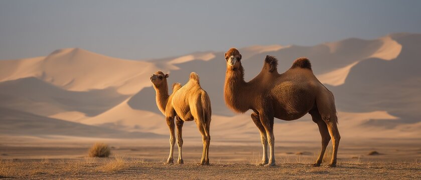 Two camels stand in a desert landscape with rolling sand dunes under sunlight