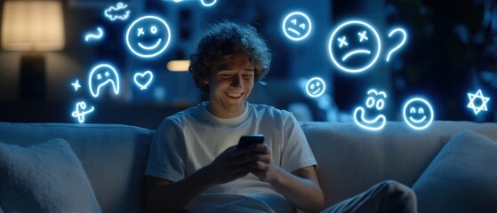Young adult using smartphone with glowing social media emojis concept
