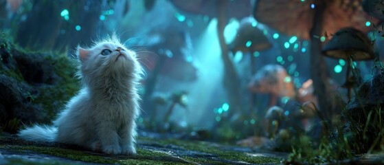 White cat in an enchanted forest looking up with glowing lights