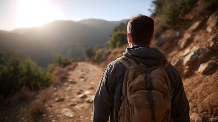 Man with backpack walking on a rugged mountain trail at sunset