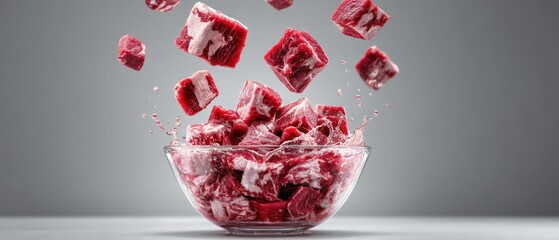 Raw meat cubes falling into a glass bowl against a neutral gray backdrop