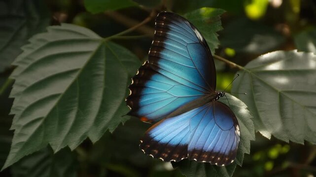 Stunning blue morpho butterfly perched peacefully on green leaf in lush tropical rainforest environment exotic insect beauty