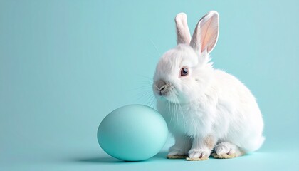 Obraz premium A fluffy white rabbit with expressive eyes sits alongside matching blue decorative eggs, creating a modern, elegant look for greeting cards and Easter digital content.