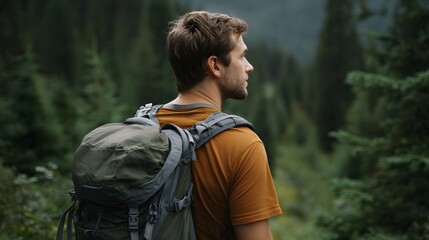 A man with a large backpack turns his back to the  looking out into a vast deep green forest embarking on an outdoor adventure