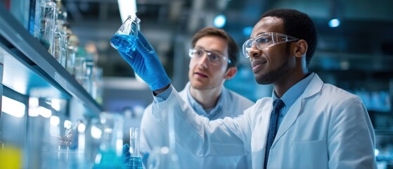 Researchers in lab coats examine chemical sample in laboratory setting