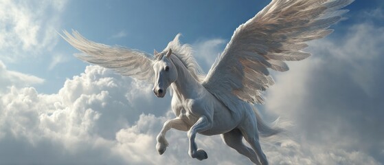 Winged horse soaring through sky with spread wings against fluffy clouds