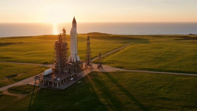 Space rocket on launchpad at sunrise near ocean