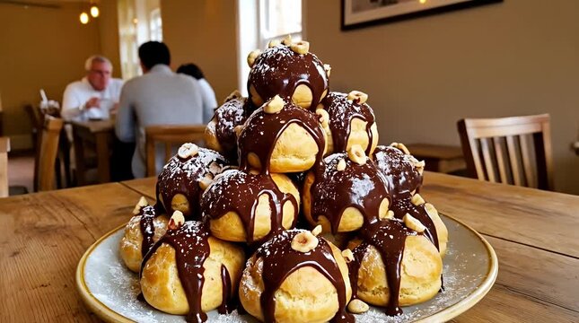 Delicious chocolate hazelnut profiteroles tower sweet dessert for sharing delectable pastry treat, food.