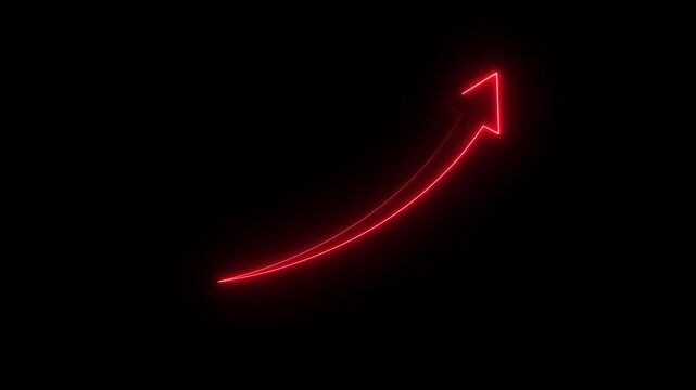 Abstract glowing neon swipe arrow. 4k animation. Down to up neon line arrow direction animation. Neon line raising business arrow on black background.Abstract arrow business graph icon animation.