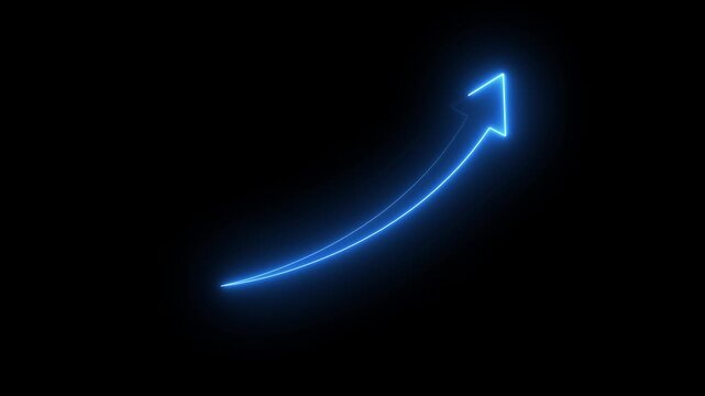 Abstract glowing neon swipe arrow. 4k animation. Down to up neon line arrow direction animation. Neon line raising business arrow on black background.Abstract arrow business graph icon animation.