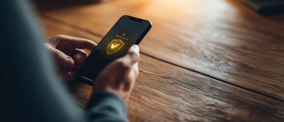 Smartphone security displayed on screen with hands holding it over wooden surface