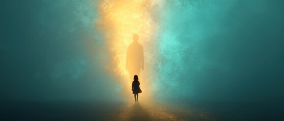 Silhouette of a person and a child with atmospheric lighting conceptual scene