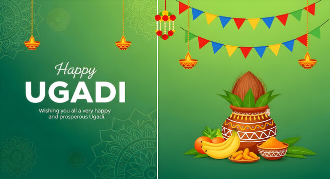 Happy Ugadi Greeting Card Background With Decorated Kalash