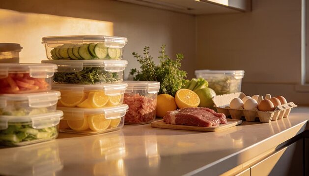 Fresh food ingredients and prepared dishes on kitchen countertop