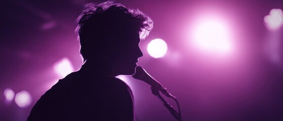 Singer performing on stage with microphone silhouette purple lighting