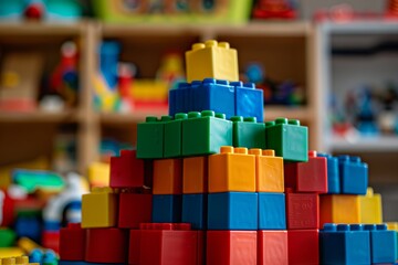 Fototapeta premium Close-up of colorful LEGO blocks arranged as pyramid in children's playroom, creative learning and building concept