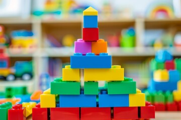 Fototapeta premium Close-up of colorful LEGO blocks arranged as pyramid in children's playroom, creative learning and building concept
