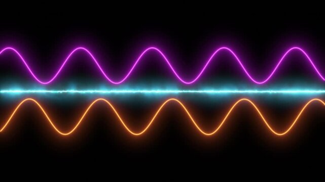 Neon multicolored audio wave signals with pink orange and cyan sine waves on black background, glowing energy beam visualization for music production and sound frequency display