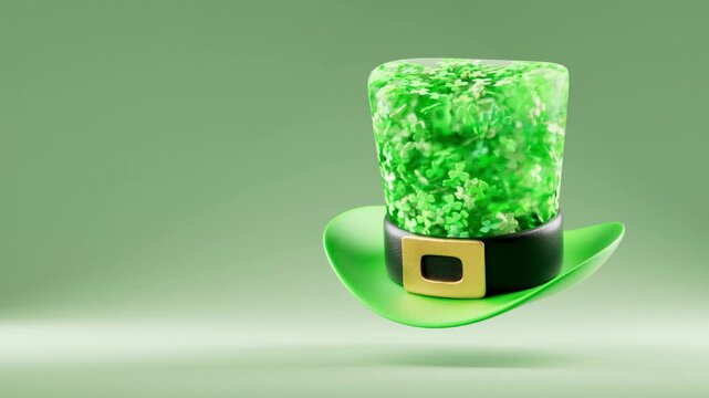 Saint Patricks Day video concept with green leprechaun hat filled with floating clovers on soft green background and copy space, festive holiday symbol in 3D animation